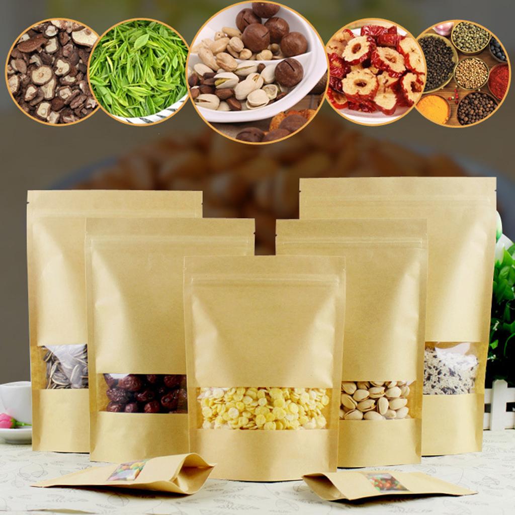 50x Kraft Paper Bag Stand Up Pouch Food Zip Lock Packaging w/ Window 10x15+3