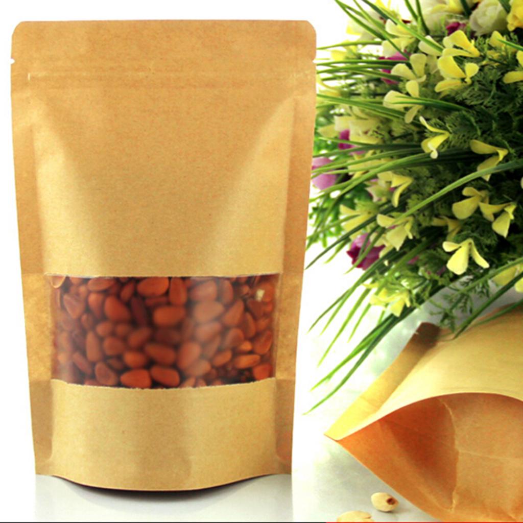 50x Kraft Paper Bag Stand Up Pouch Food Zip Lock Packaging w/ Window 14x20+4