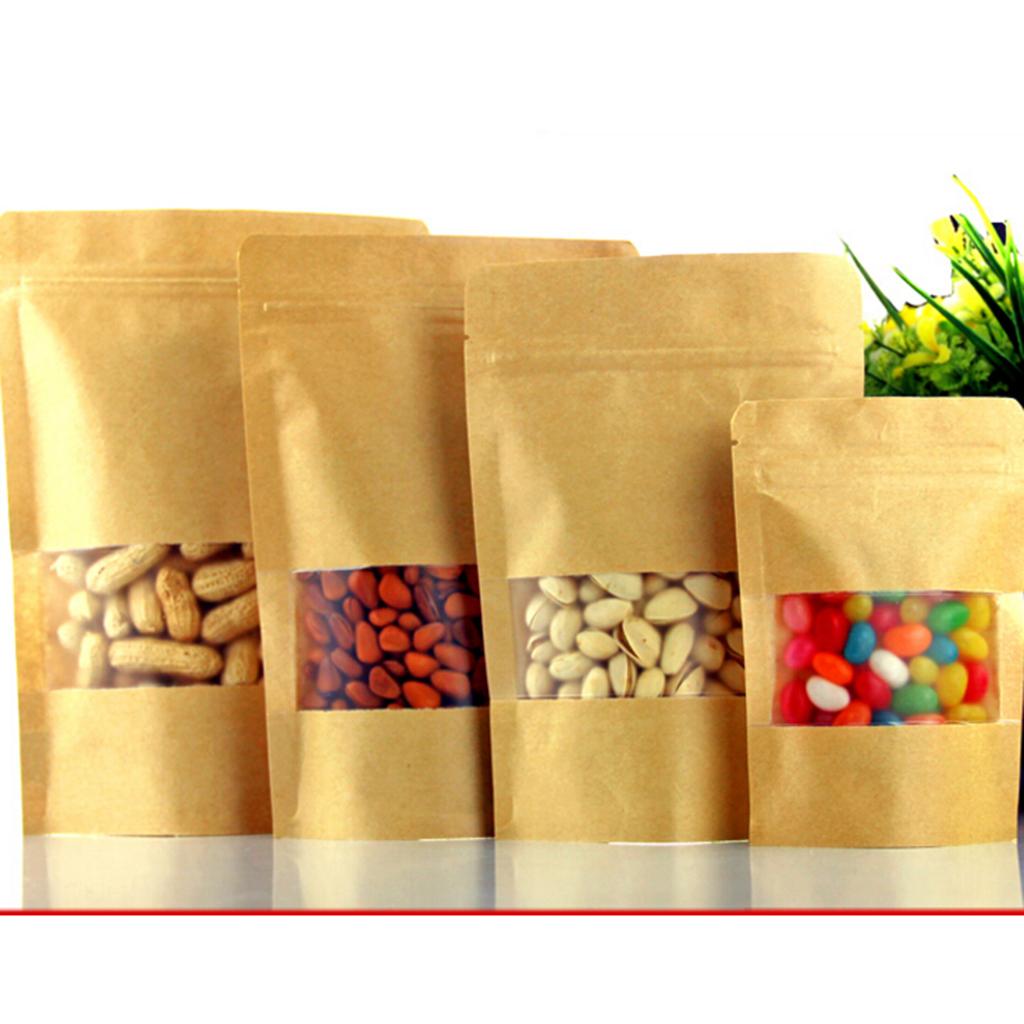 100x Kraft Paper Bag Stand Up Pouch Food Zip Lock Packaging w/Window 16x22cm