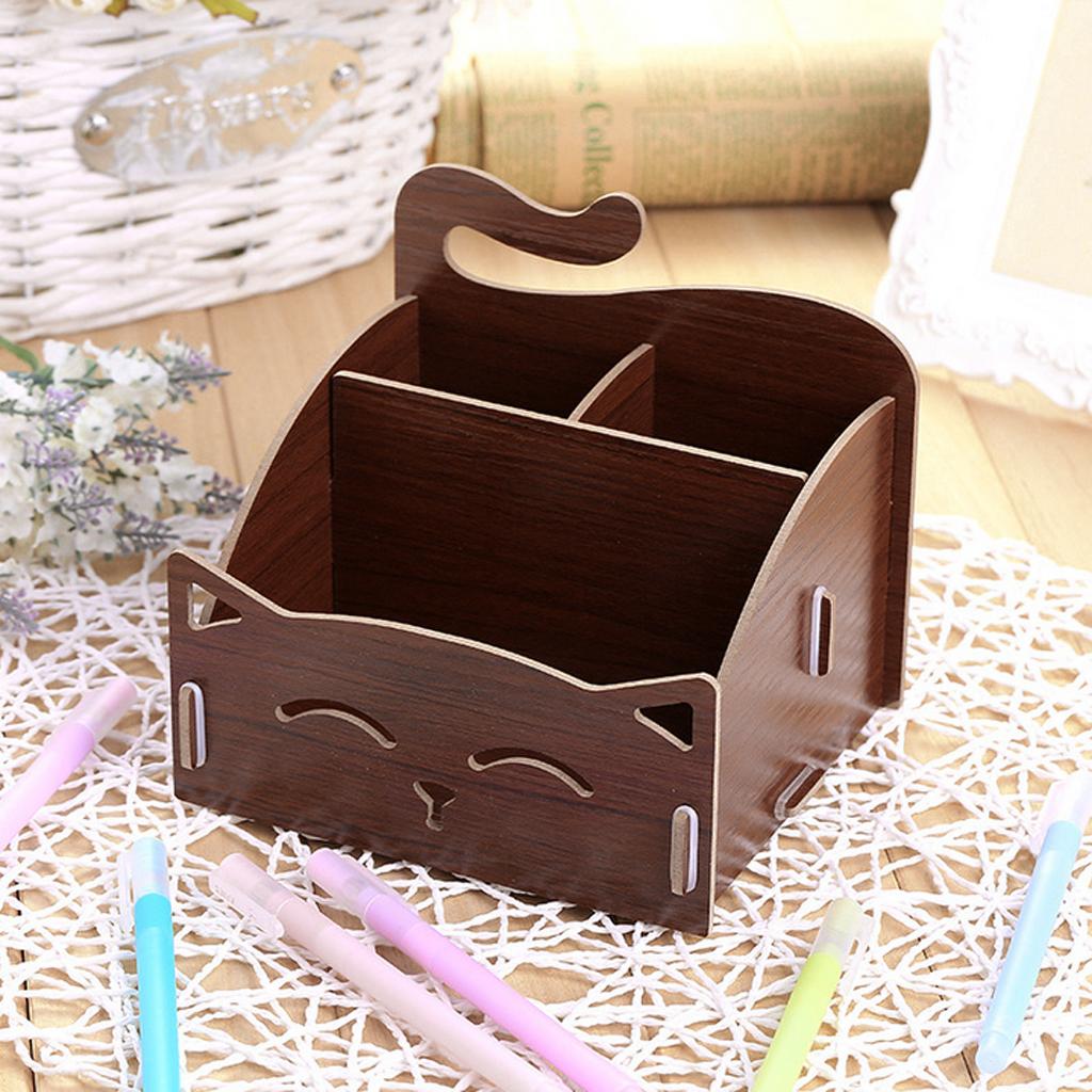 DIY Wooden Multi-functional Desktop Cosmetics Storage Box Office Supply Brown