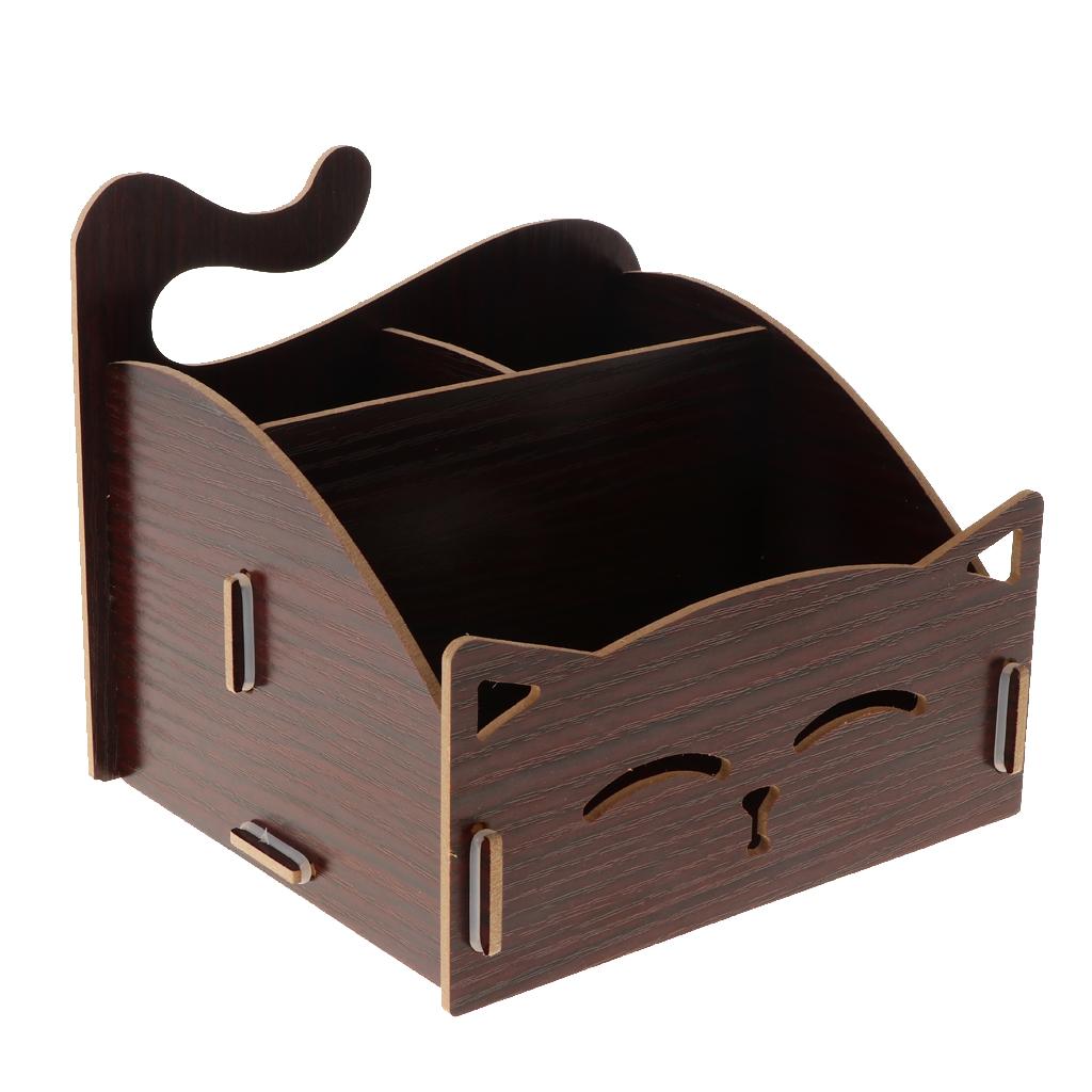 DIY Wooden Multi-functional Desktop Cosmetics Storage Box Office Supply Brown