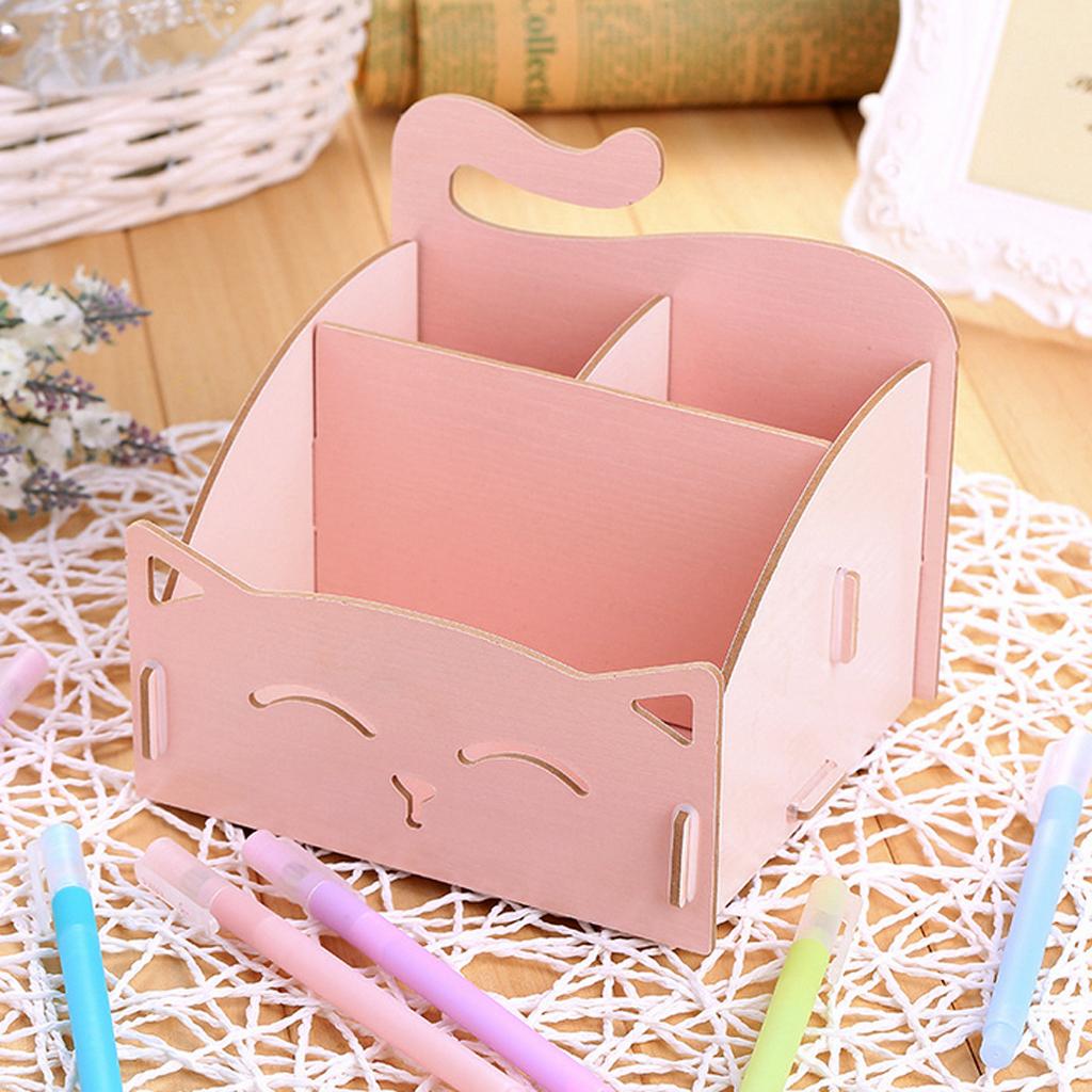 DIY Wooden Multi-functional Desktop Cosmetics Storage Box Office Supply Pink