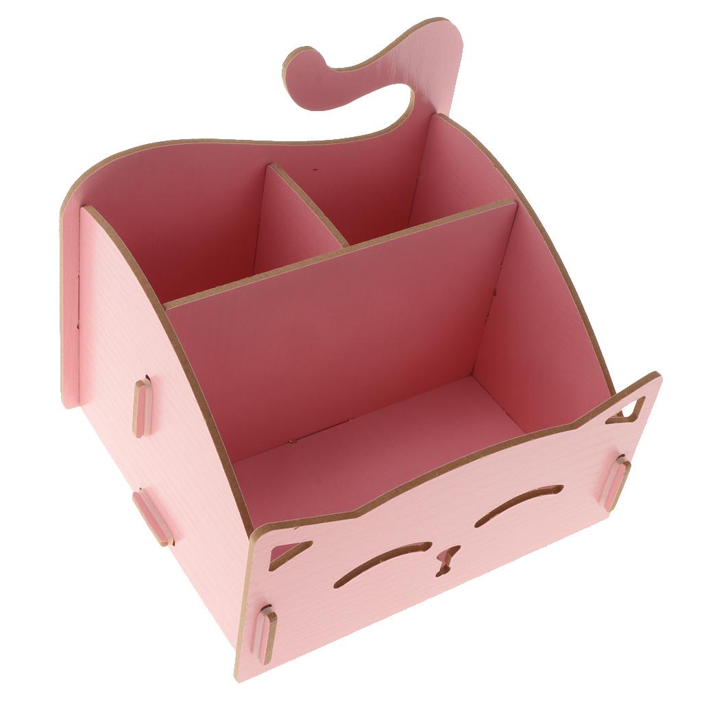 DIY Wooden Multi-functional Desktop Cosmetics Storage Box Office Supply Pink