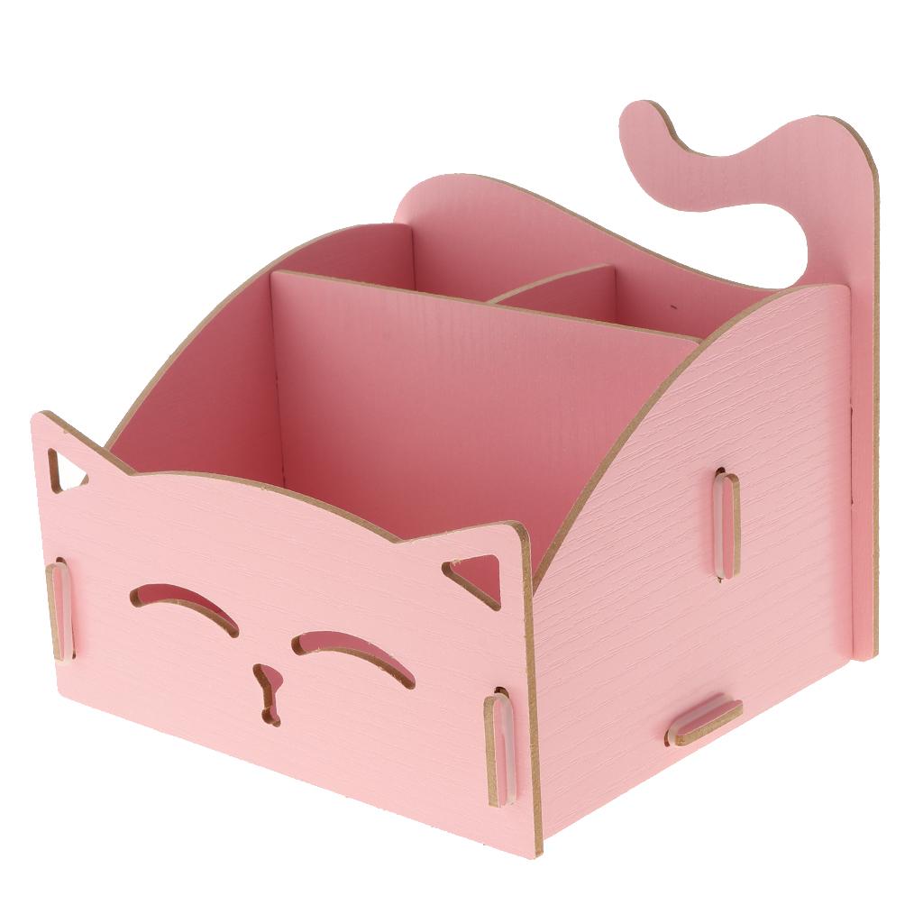 DIY Wooden Multi-functional Desktop Cosmetics Storage Box Office Supply Pink