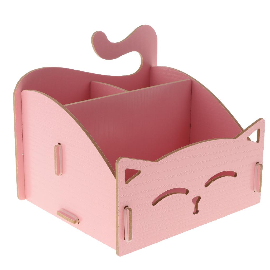 DIY Wooden Multi-functional Desktop Cosmetics Storage Box Office Supply Pink