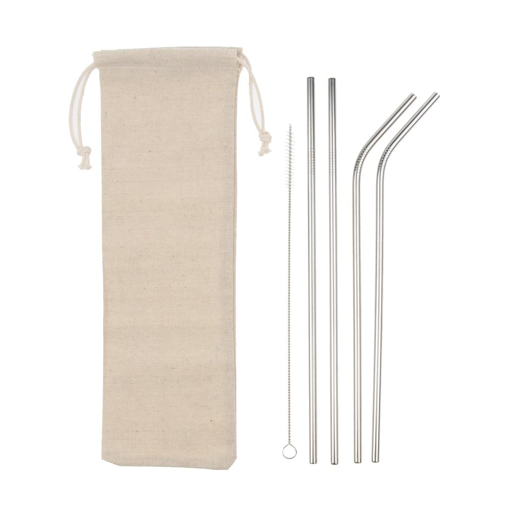 4 Pieces Reusable Stainless Steel Drinking Straws Curved with Brush