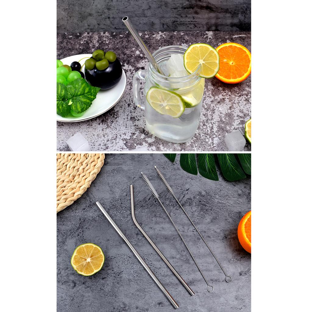 4 Pieces Reusable Stainless Steel Drinking Straws Curved with Brush