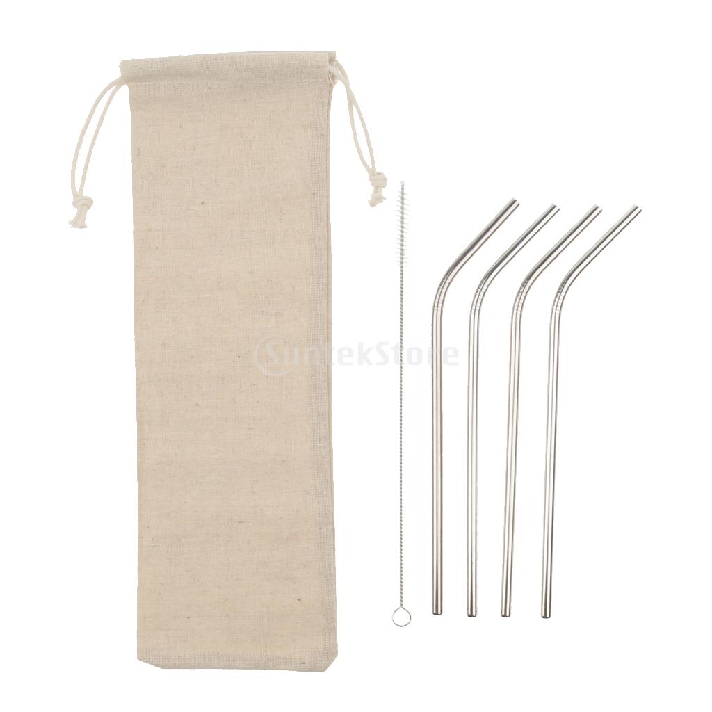 4 Pieces Reusable Metal Stainless Steel Curved Drinking Straws with Brush