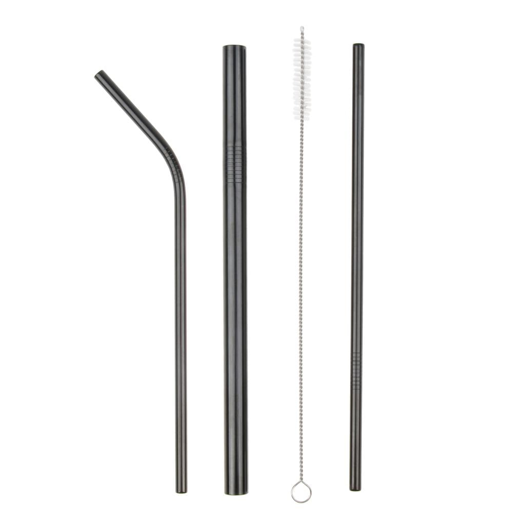 4Pcs Reusable Stainless Steel Smoothie Straws & Cleaning Brush Black