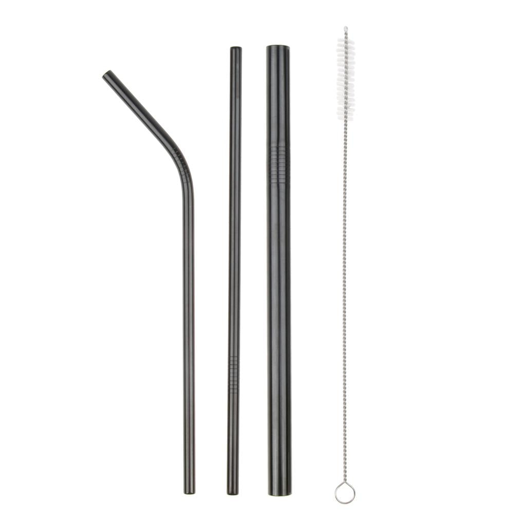 4Pcs Reusable Stainless Steel Smoothie Straws & Cleaning Brush Black