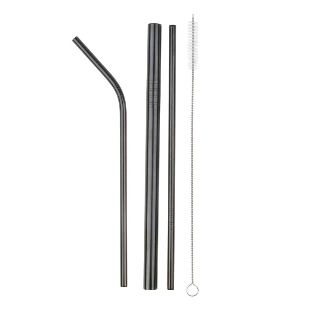 4Pcs Reusable Stainless Steel Smoothie Straws & Cleaning Brush Black