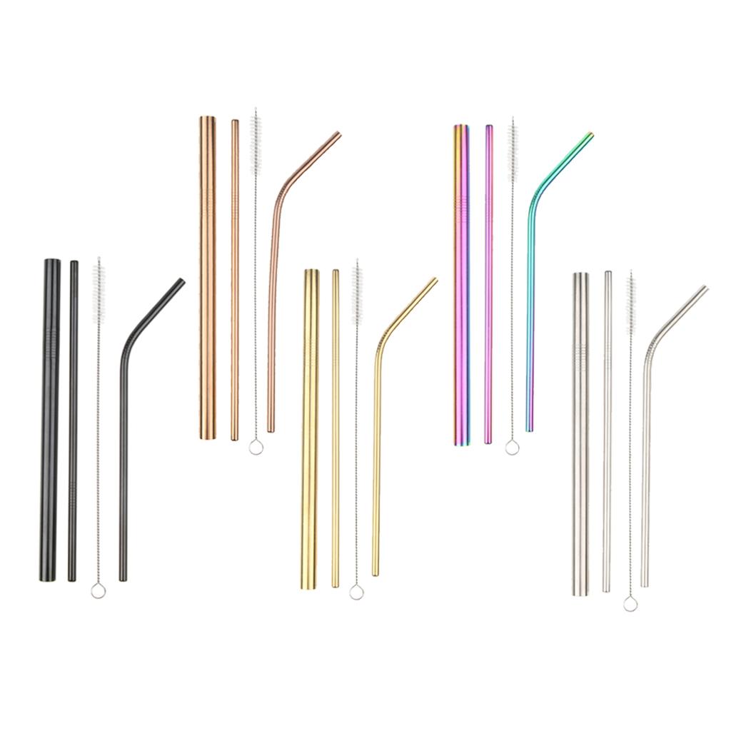 4Pcs Reusable Stainless Steel Smoothie Straws & Cleaning Brush Black