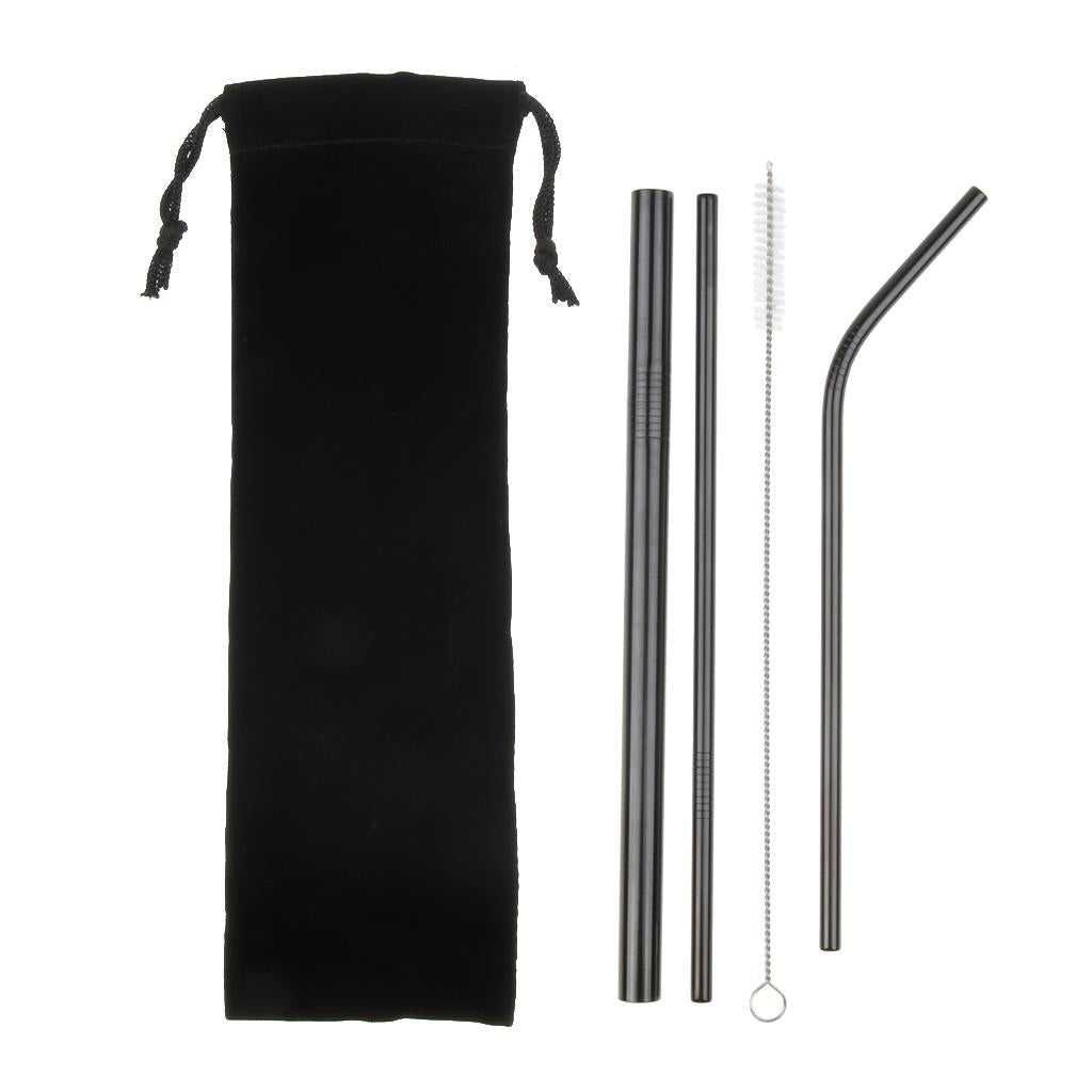 4Pcs Reusable Stainless Steel Smoothie Straws & Cleaning Brush Black