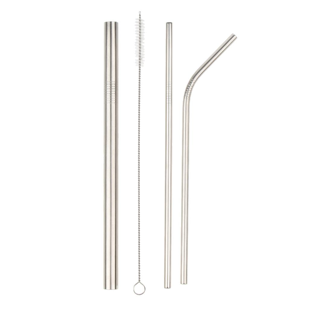 4Pcs Reusable Stainless Steel Smoothie Straws & Cleaning Brush Silver