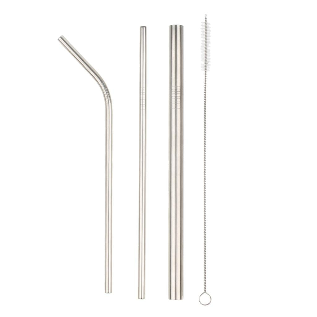 4Pcs Reusable Stainless Steel Smoothie Straws & Cleaning Brush Silver