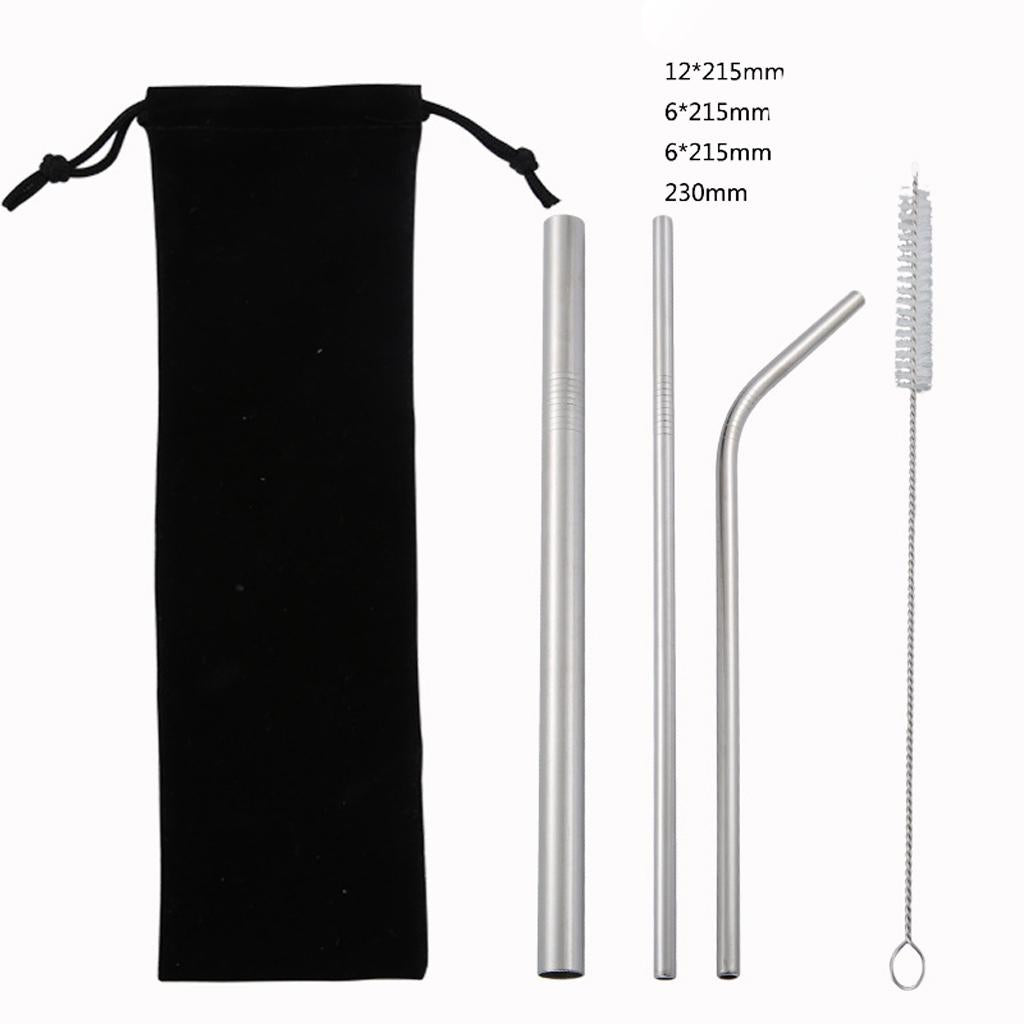 4Pcs Reusable Stainless Steel Smoothie Straws & Cleaning Brush Silver