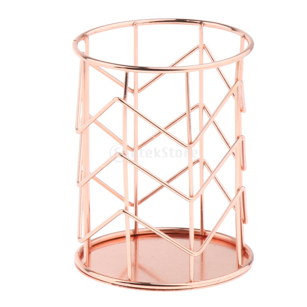 Round Metal Wire Mesh Pen Pot Pencil Brush Holder Desk Organizer Rose Gold