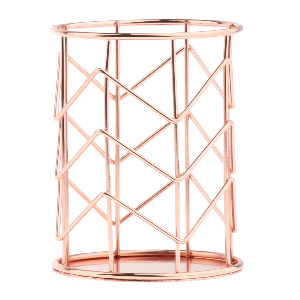 Round Metal Wire Mesh Pen Pot Pencil Brush Holder Desk Organizer Rose Gold