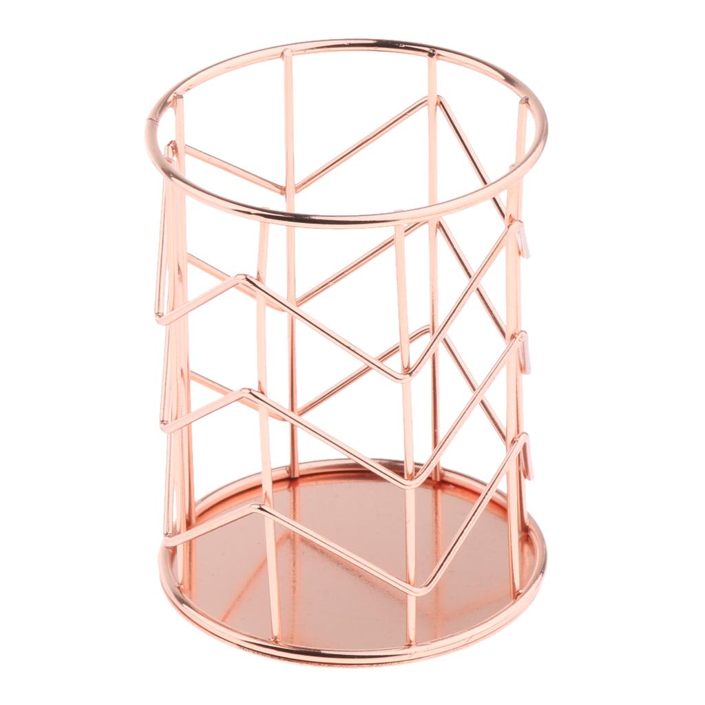 Round Metal Wire Mesh Pen Pot Pencil Brush Holder Desk Organizer Rose Gold