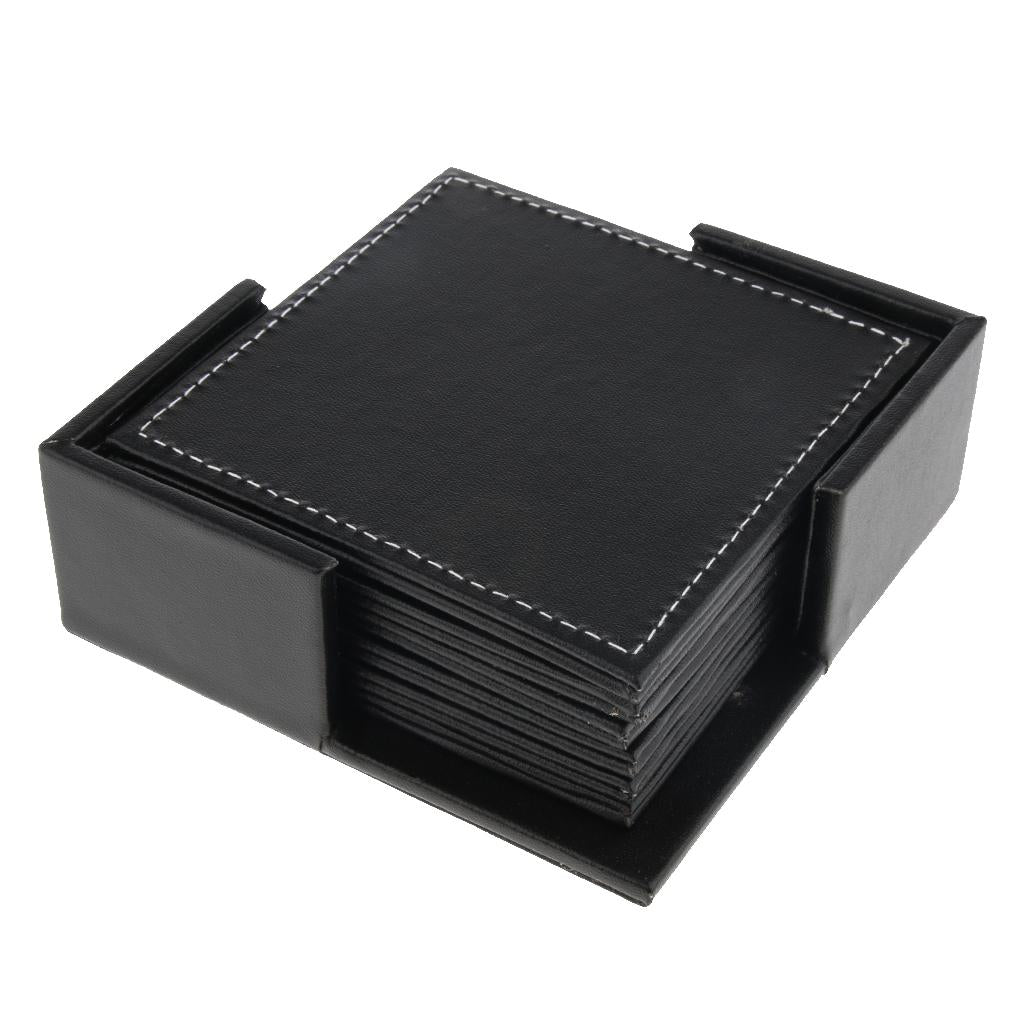 Leather Square Coaster Cup Mat Pad Table Drink Placemat with Holder Black