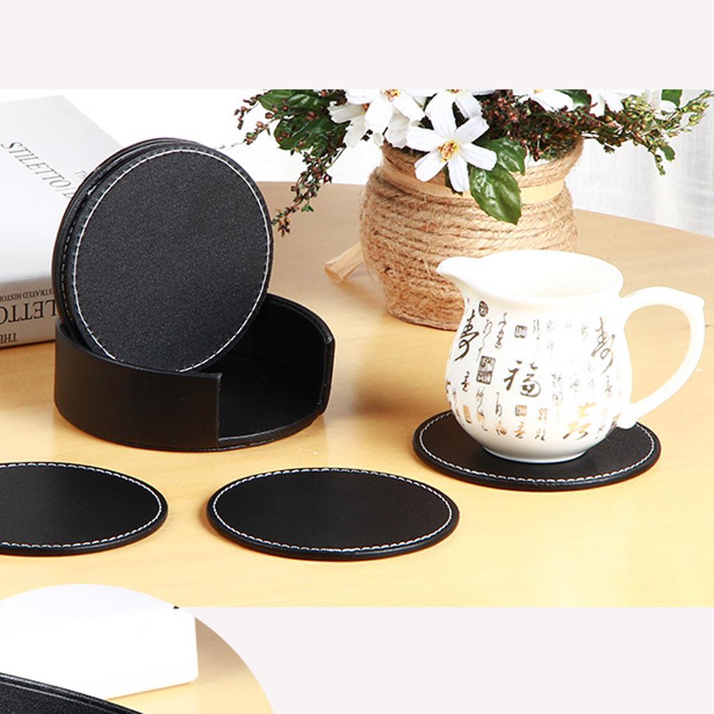 Leather Square Coaster Cup Mat Pad Table Drink Placemat with Holder Black