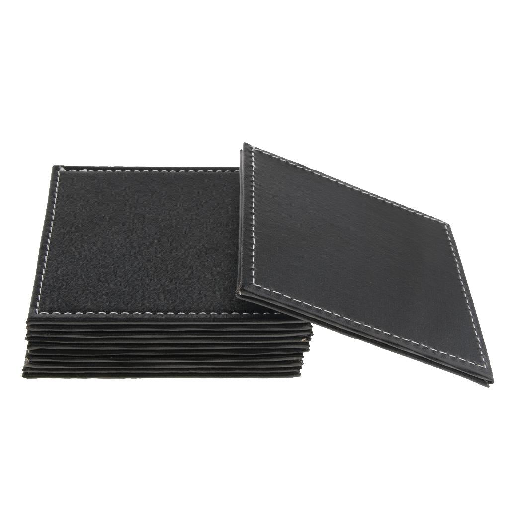 Leather Square Coaster Cup Mat Pad Table Drink Placemat with Holder Black