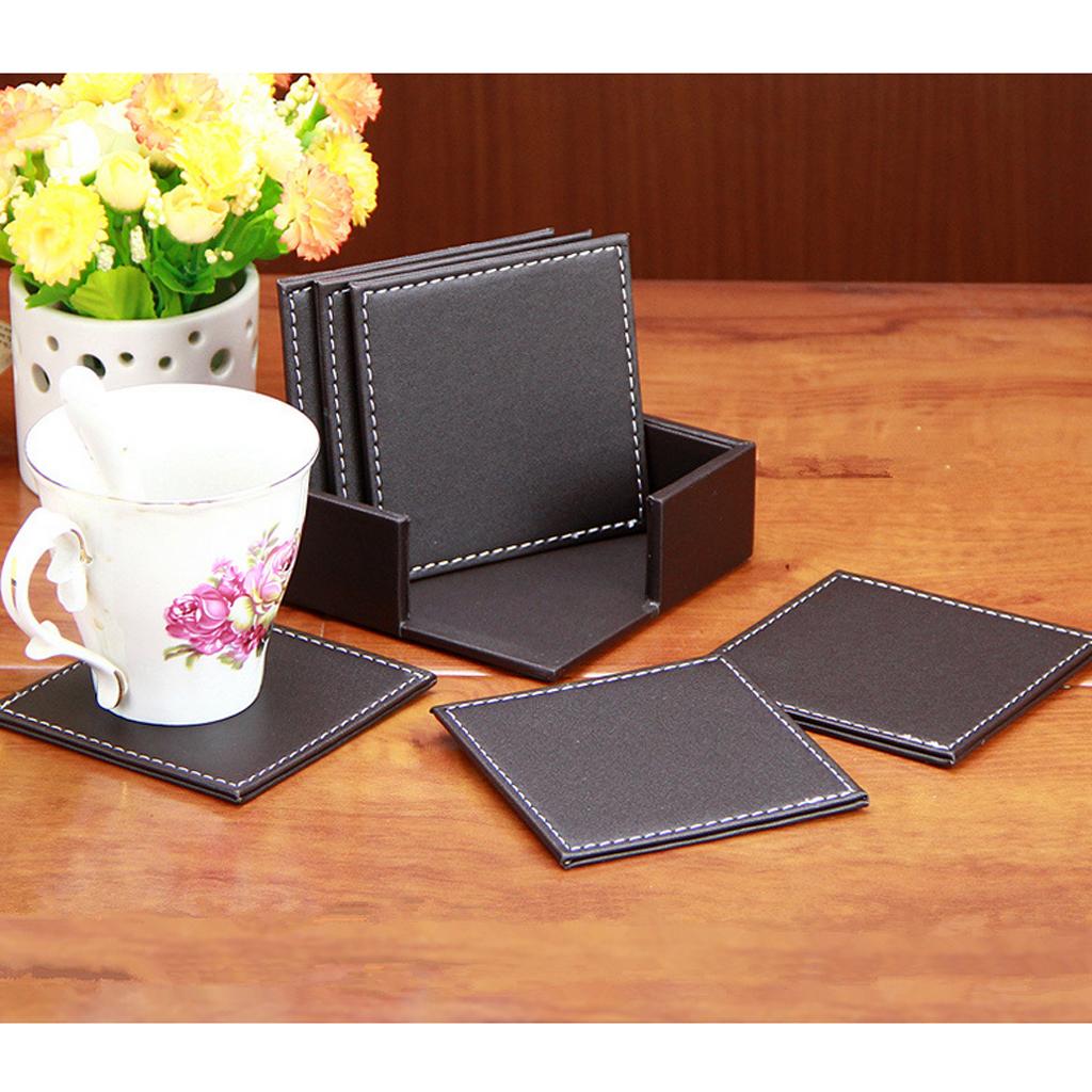 Leather Square Coaster Cup Mat Pad Table Drink Placemat with Holder Black