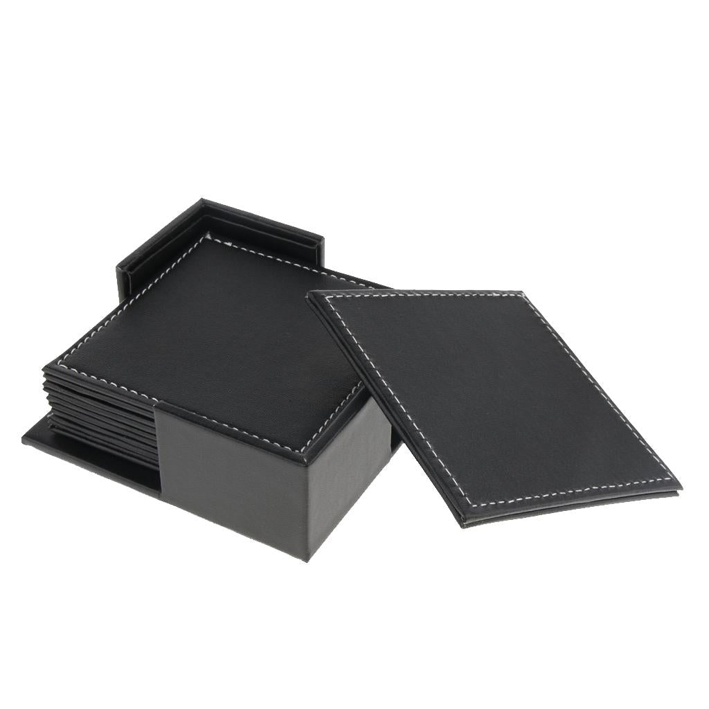 Leather Square Coaster Cup Mat Pad Table Drink Placemat with Holder Black