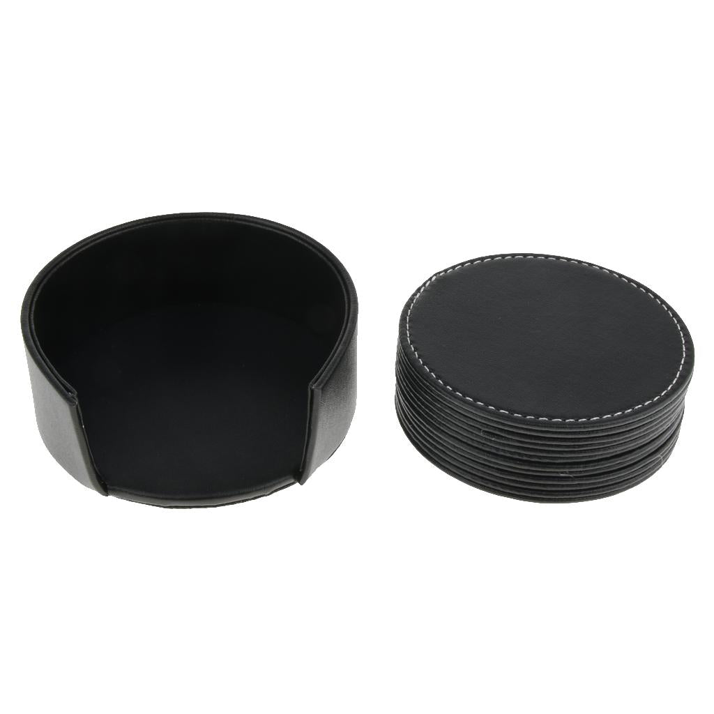 Leather Round Coaster Cup Mat Pad Table Drink Placemat with Holder Black