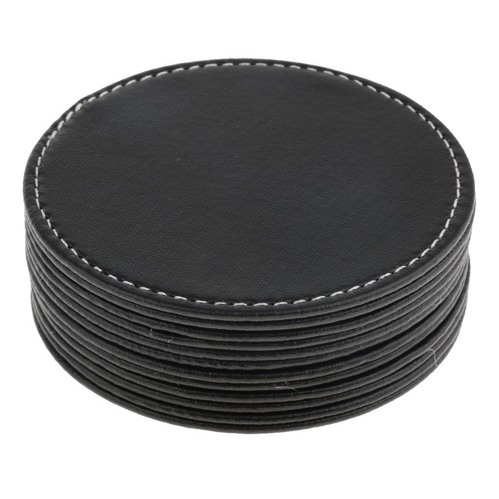 Leather Round Coaster Cup Mat Pad Table Drink Placemat with Holder Black