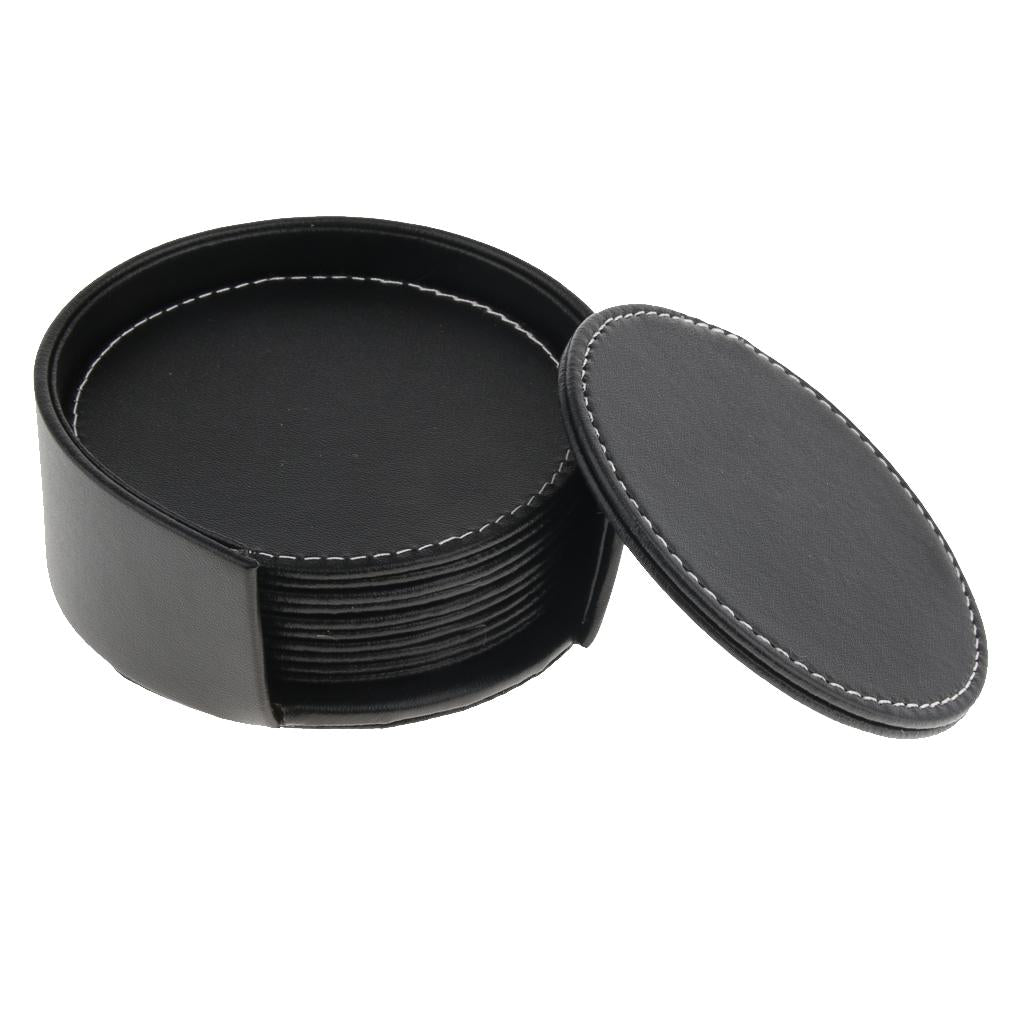 Leather Round Coaster Cup Mat Pad Table Drink Placemat with Holder Black