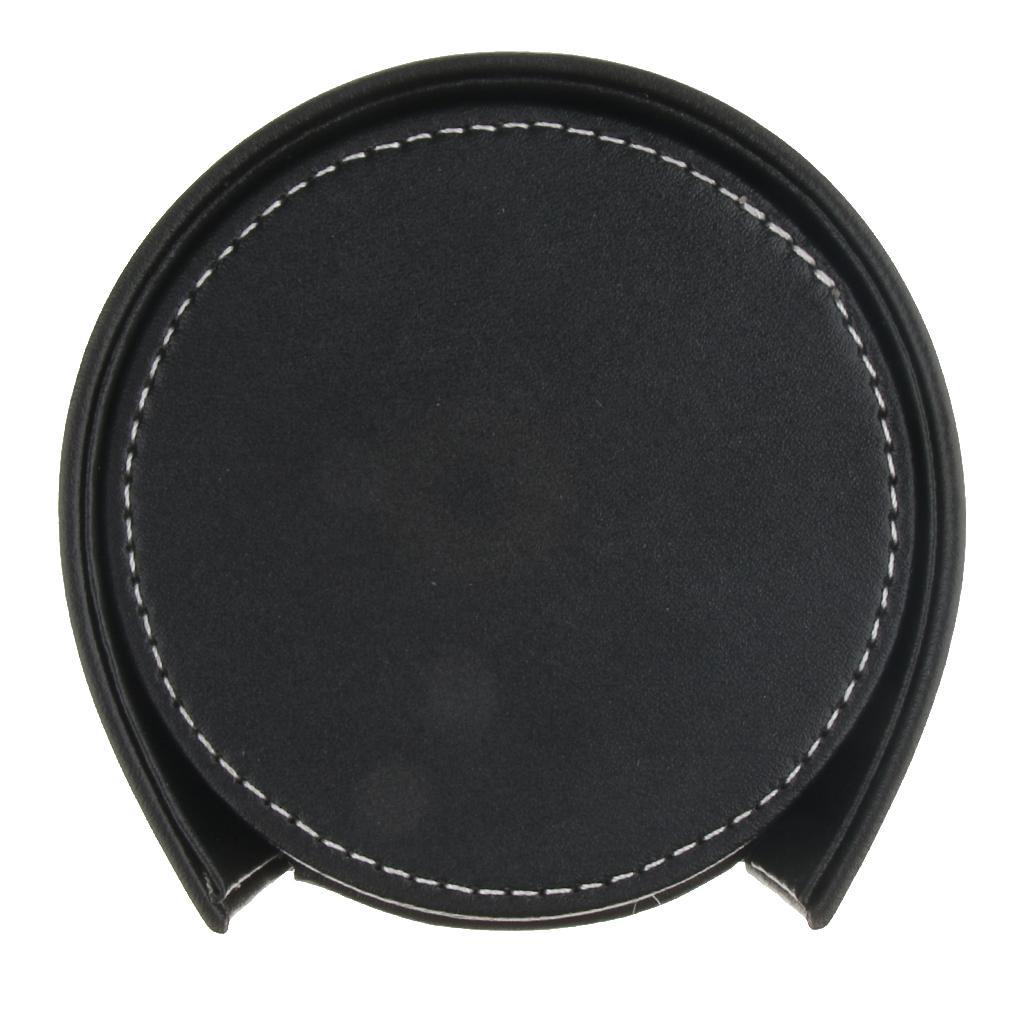 Leather Round Coaster Cup Mat Pad Table Drink Placemat with Holder Black