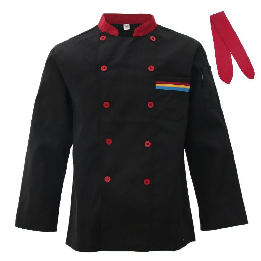 Unisex Chef's Uniform Long Sleeve Double-Breasted Men's Chef Coat Black XL