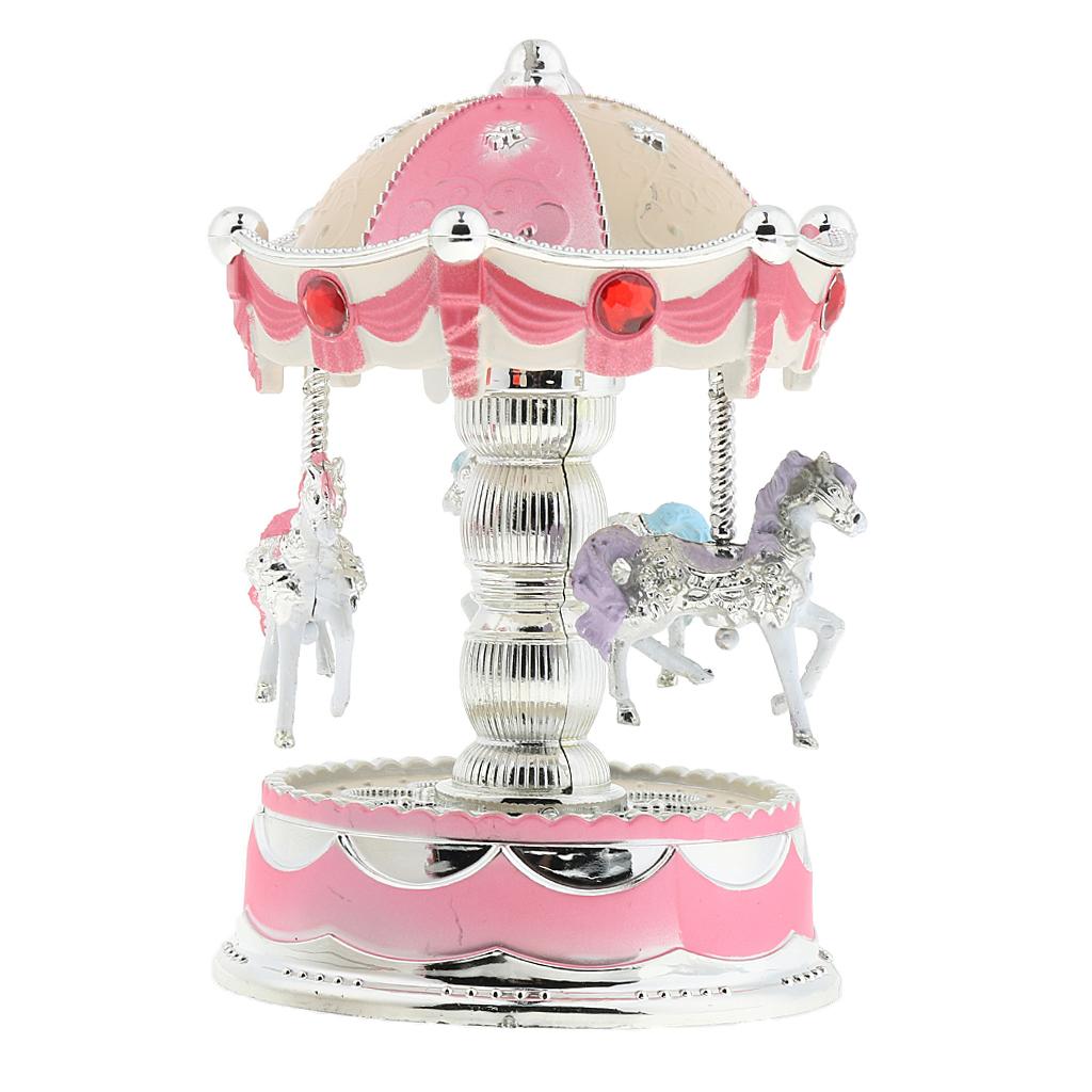 Shining Carousel Music Box Kids Birthday Gift Home Decoration Pink Beige