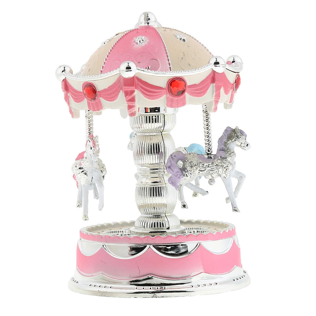 Shining Carousel Music Box Kids Birthday Gift Home Decoration Pink Beige