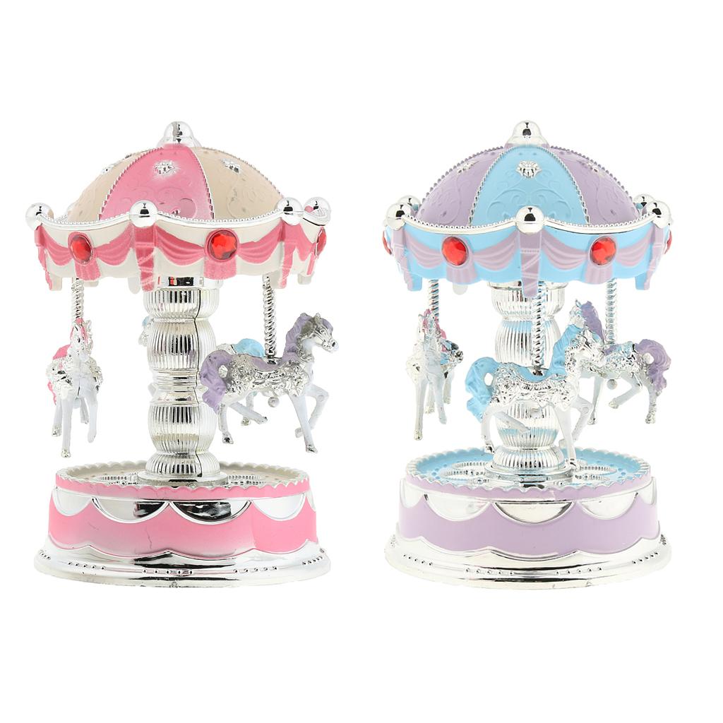 Shining Carousel Music Box Kids Birthday Gift Home Decoration Pink Beige