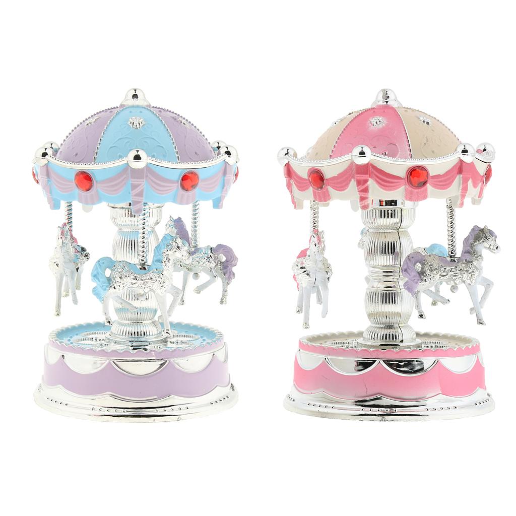 Shining Carousel Music Box Kids Birthday Gift Home Decoration Pink Beige