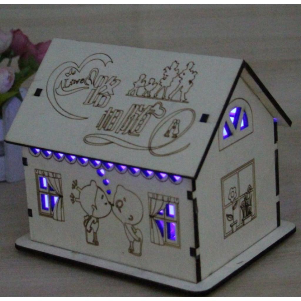 Wooden House Piggy Bank Money Box with Colored LED Light Home Decoration A