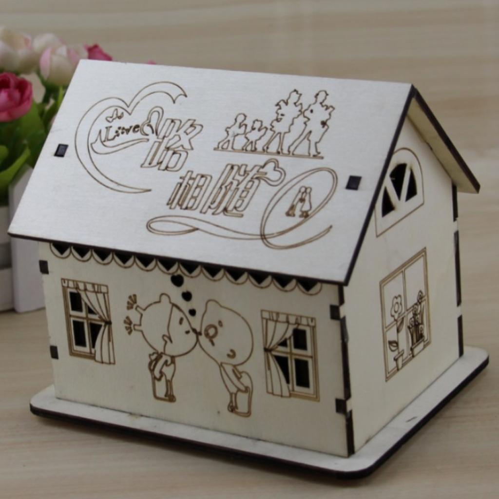 Wooden House Piggy Bank Money Box with Colored LED Light Home Decoration A