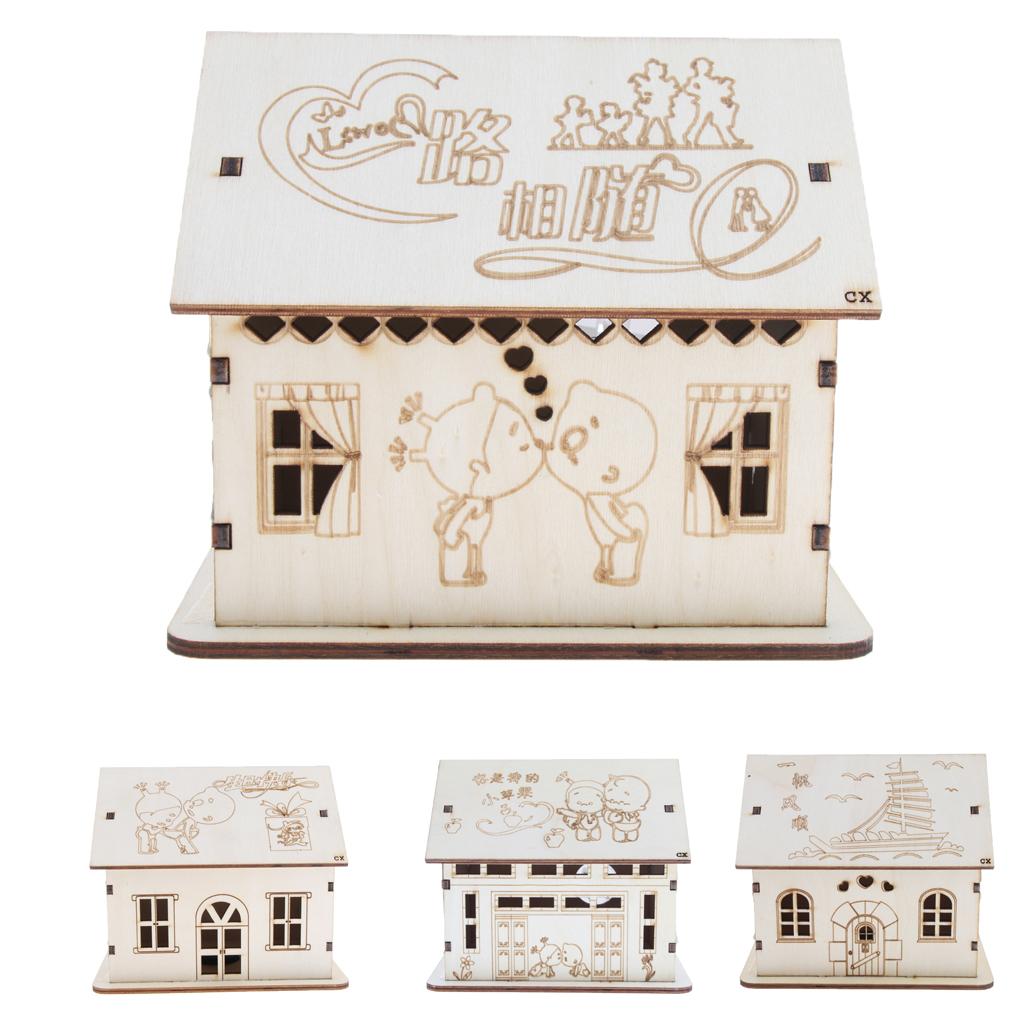 Wooden House Piggy Bank Money Box with Colored LED Light Home Decoration A