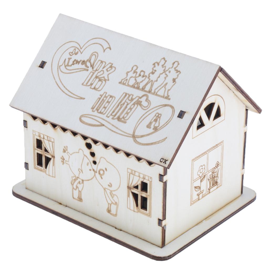 Wooden House Piggy Bank Money Box with Colored LED Light Home Decoration A