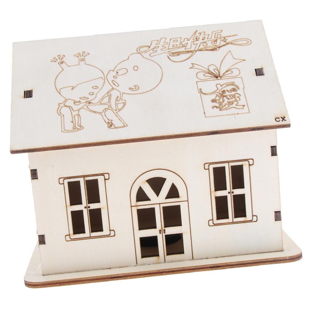 Wooden House Piggy Bank Money Box with Colored LED Light Home Decoration B