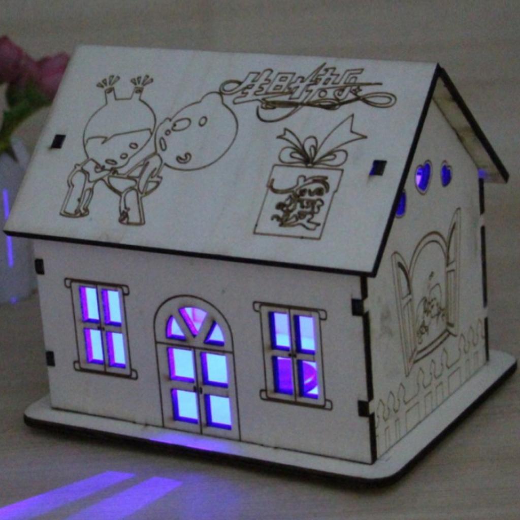 Wooden House Piggy Bank Money Box with Colored LED Light Home Decoration B