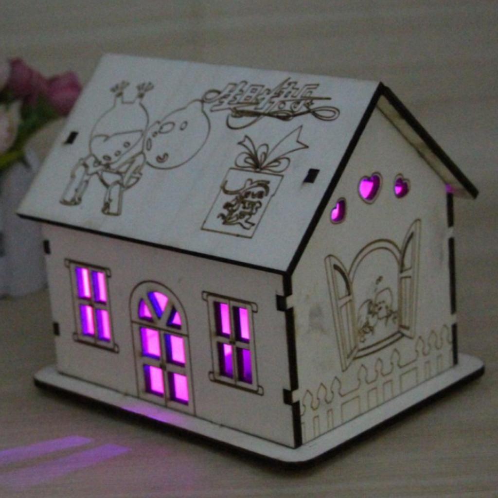 Wooden House Piggy Bank Money Box with Colored LED Light Home Decoration B