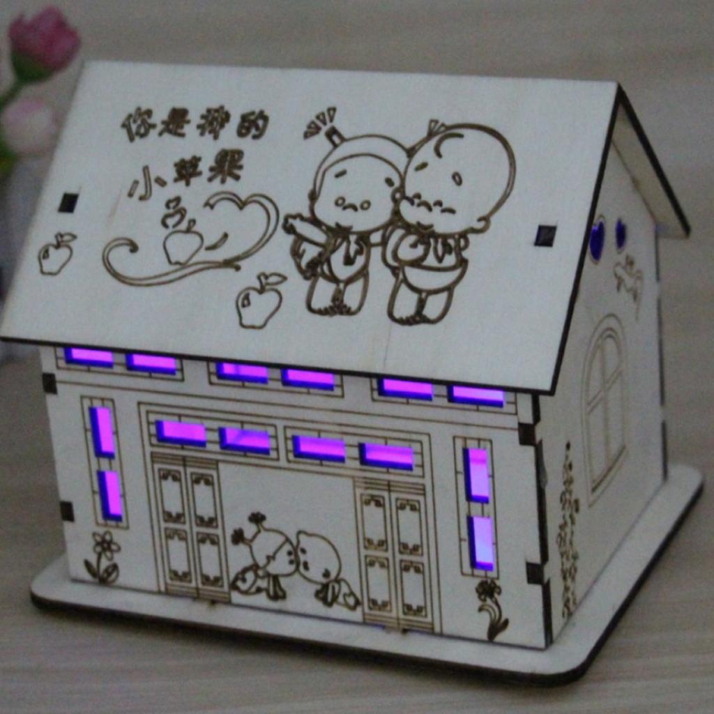 Wooden House Piggy Bank Money Box with Colored LED Light Home Decoration C