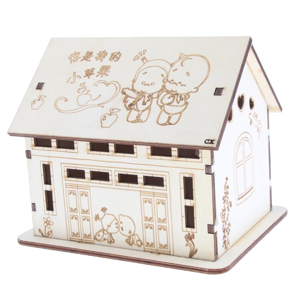 Wooden House Piggy Bank Money Box with Colored LED Light Home Decoration C