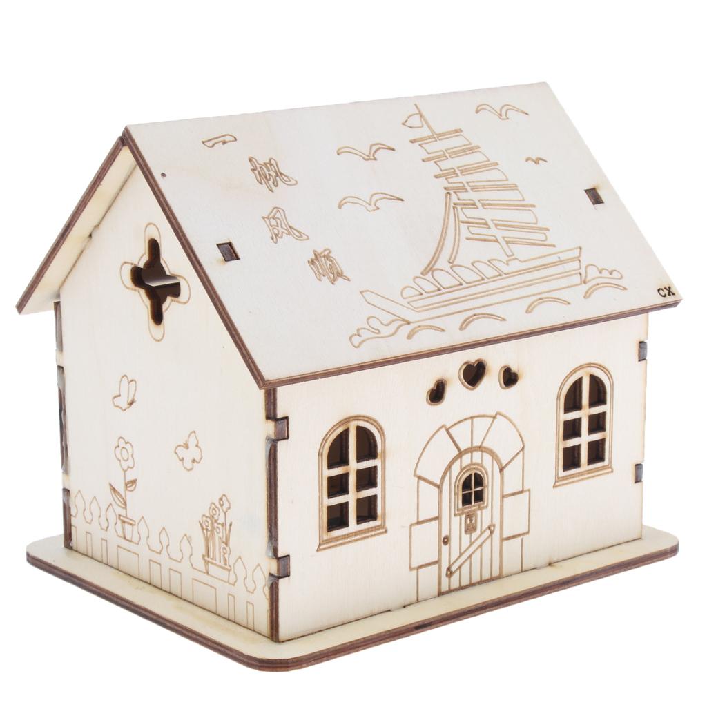 Wooden House Piggy Bank Money Box with Colored LED Light Home Decoration D