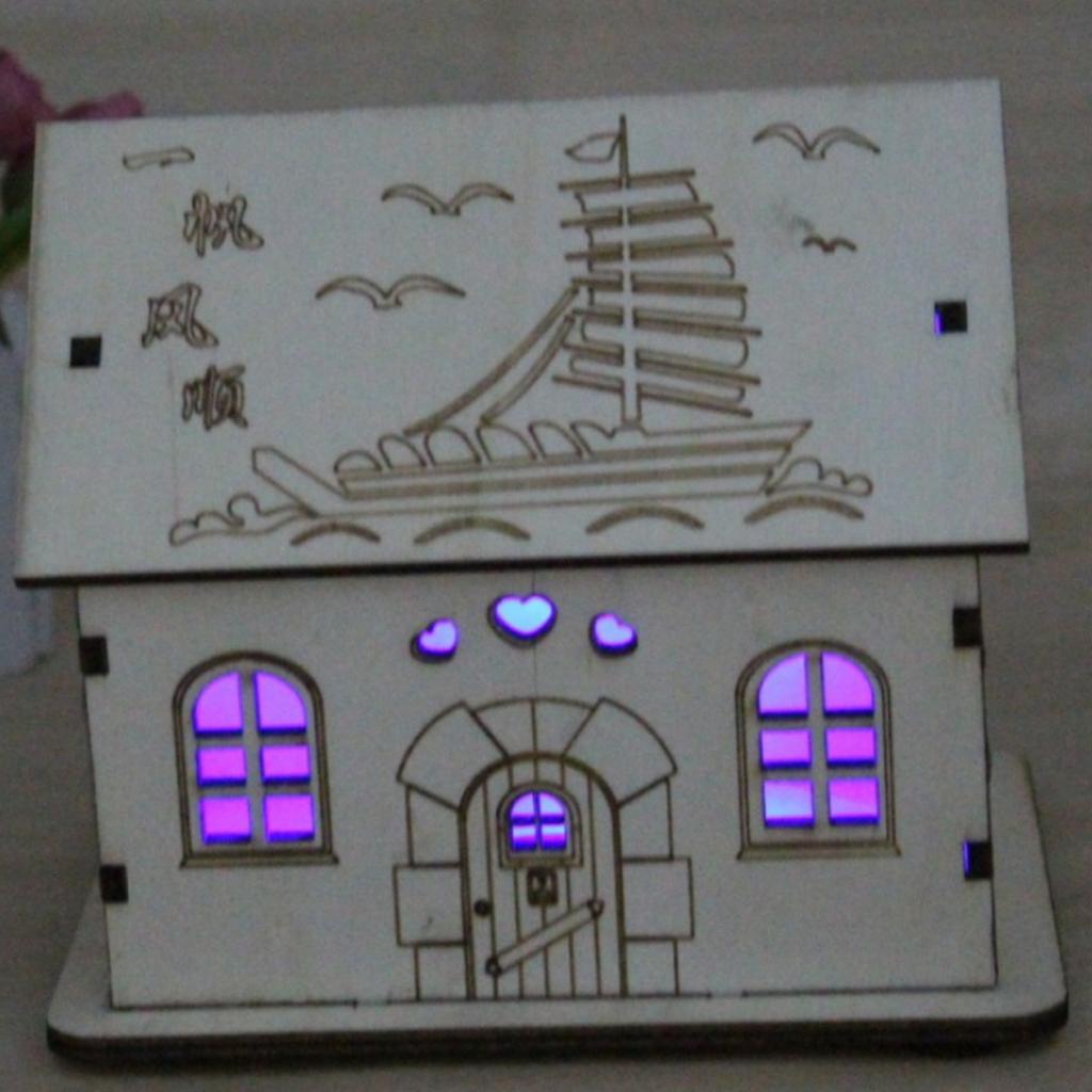 Wooden House Piggy Bank Money Box with Colored LED Light Home Decoration D