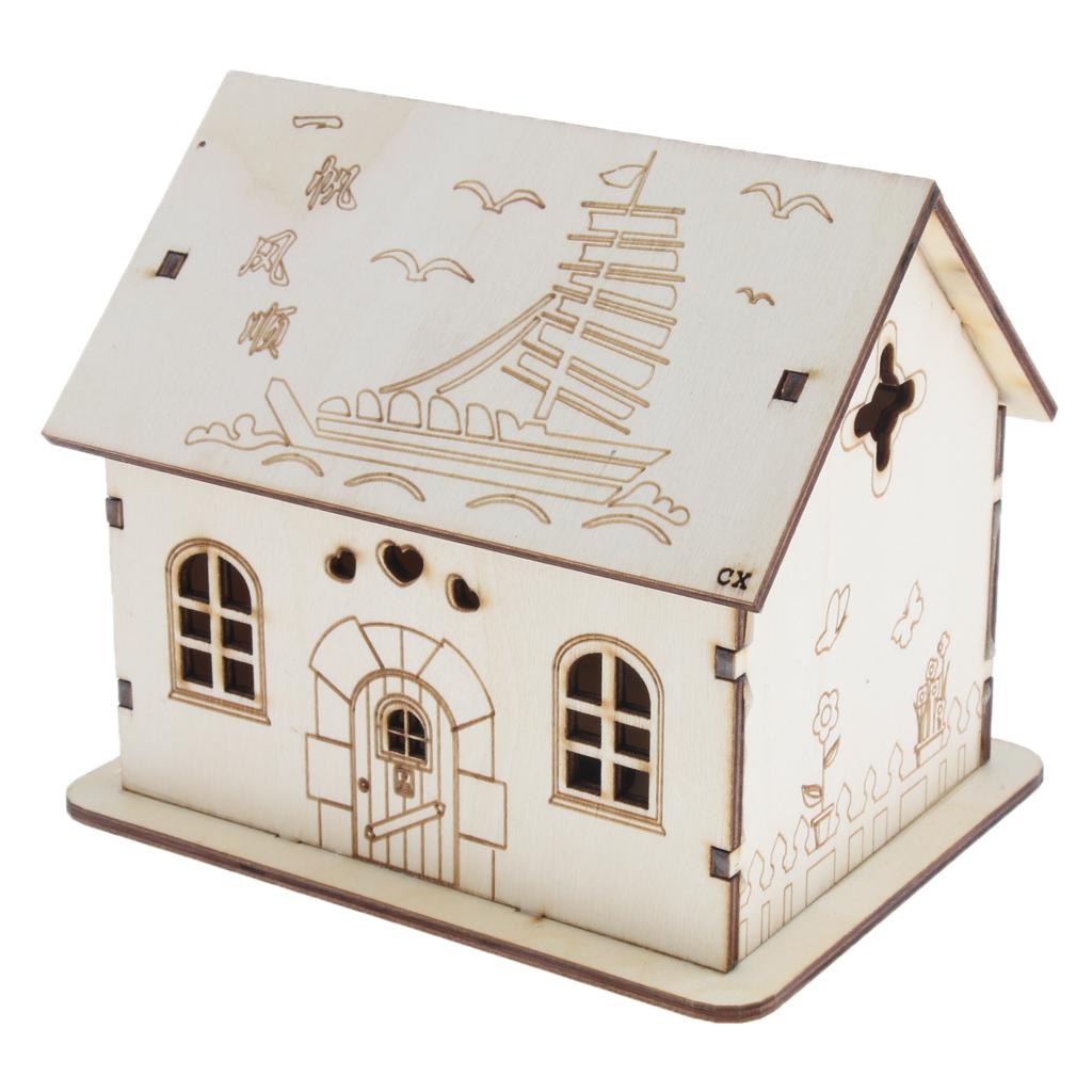 Wooden House Piggy Bank Money Box with Colored LED Light Home Decoration D