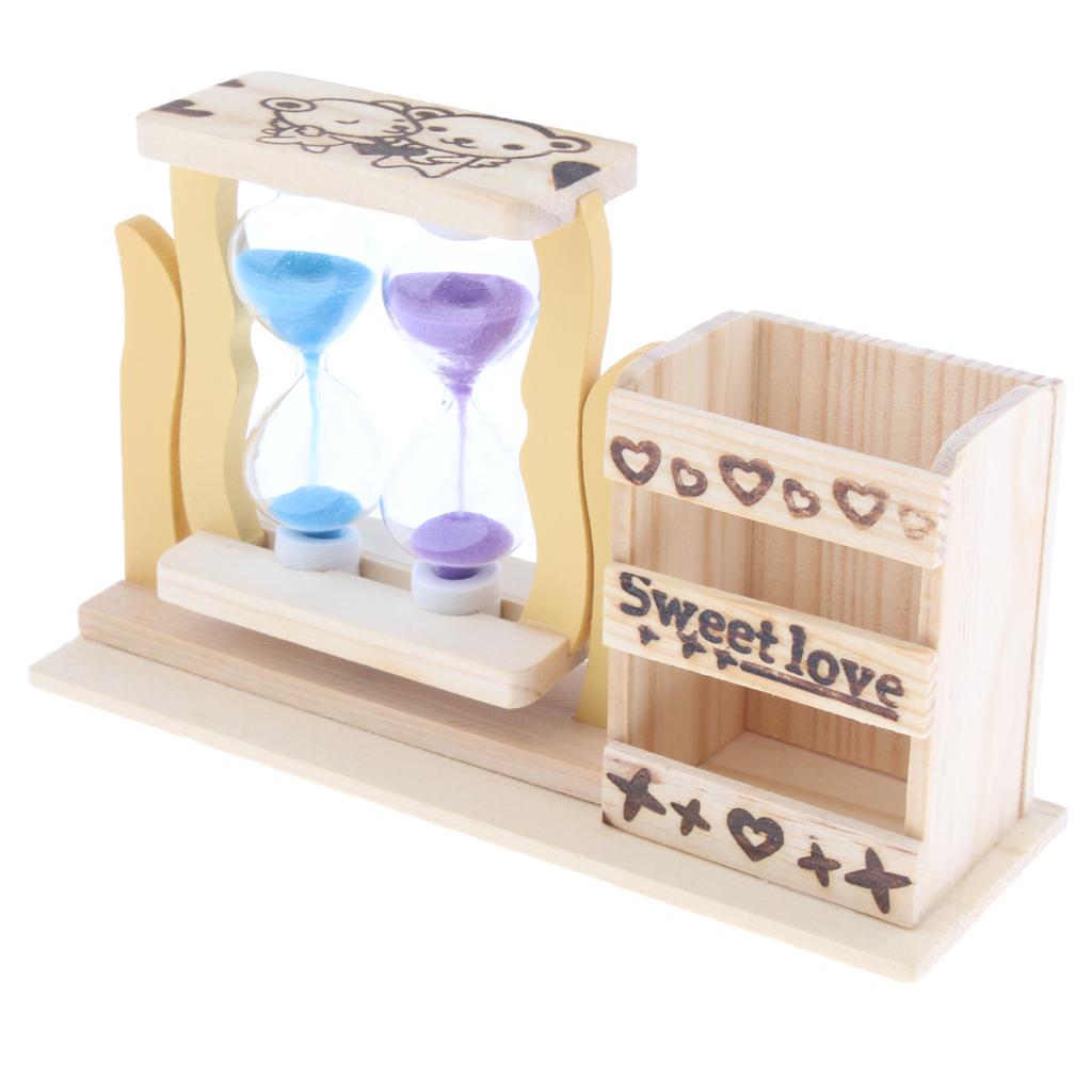 Wooden Pen Pencil Holder Sandglass Hourglass Home Office Decor